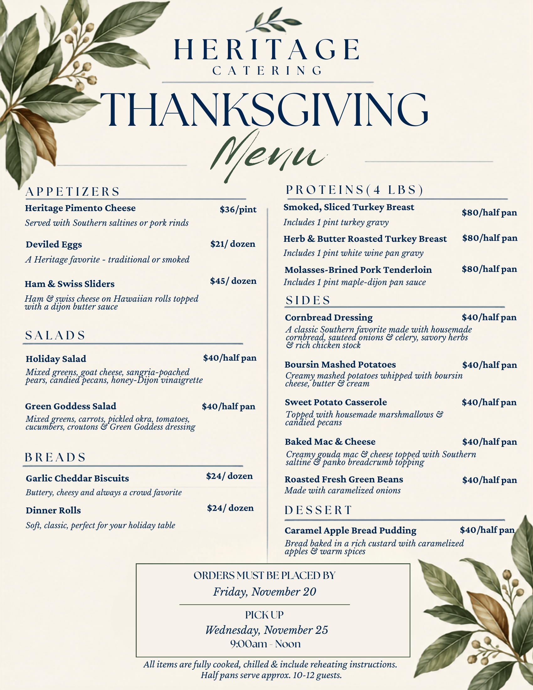 Thanksgiving catering menu featuring appetizers, salads, breads, and proteins with prices per item and half/full pan options. Decorated with green leaves and berries. Order by Nov 20; pickup Nov 25.